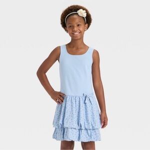 Light Blue Sleeveless Dress with Floral Ruffle Skirt size Girls 10/12
